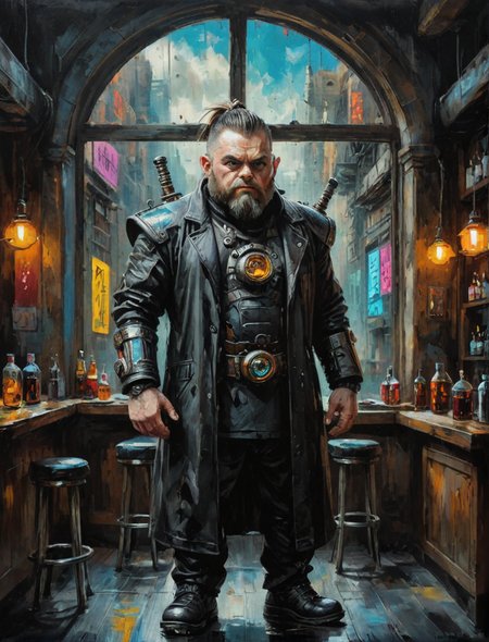 Oil painting of a oil painting of a futuristic dwarf warrior, black shirt, long coat, cyberpunk bar, large window background, hyper realistic, super detailed, Science Fiction, trending on art station, tb, <lora:ThickBrush:0.5> <lora:drkkaw_epoch_10:0.5>