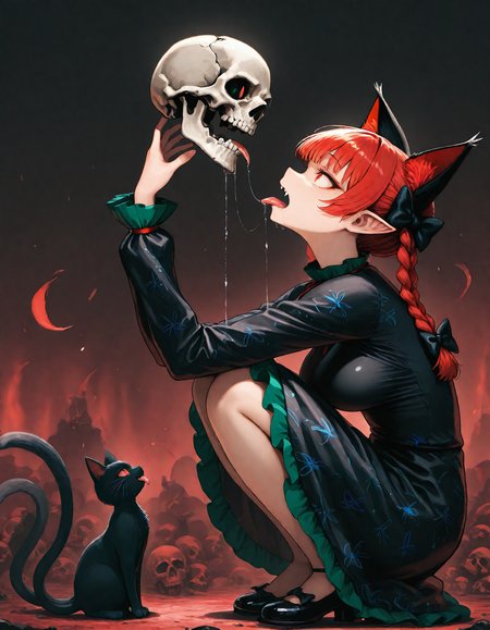 munakata_(sekimizu_kazuki), hamada_yoshikazu,negative space, cinematic shot, masterpiece, highres, absurdres, newest,  wide shot, ,slimes_skullwm,made of skulls,kaenbyou_rin, touhou, 1girl, pink_hair, red_eyes, solo,animal_ears ,black_bow, black_dress , braid,breasts, cat_ears , dress,extra_ears, fang ,frilled_dress ,frills, hair_bow ,large_breasts ,long_eyelashes  ,long_sleeves ,multiple_hair_bows, pointy_ears ,red_bow , red_hair, slit_pupils, smil,tight_clothes ,tight_dress, twin_braids ,fang, crazy_eyes ,crazy_smile ,holding skull, squatting, tongue, tongue_out , saliva,saliva_drip ,open mouth, from side,
<lora:SlimesSkullWM:1> <lora:ponyv5_noobE11_1_adamW:0.7> <lora:illustrious_noobai_epsilon_pred_11_very_aesthetic_v1:0.7> , <lora:kaenbyou_rin_image6792_2023-12-20:0.6>