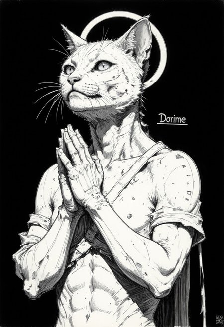 This is a black-and-white, highly detailed rough drawing sketch of a cat with a halo, positioned in a prayerful pose.Text above "Dorime". it wears tattered, white cloth draped over its shoulders. The background is dark, creating a stark contrast that emphasizes the cats structure. The lighting is focused on the cat, highlighting its intricate details. The camera angle is slightly above and to the side, capturing the cat's head and upper torso in profile.