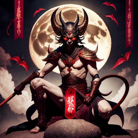 photo, illustration of a demon sitting in front of a full moon (FantasyDaimyo style:1)  <lora:djzFantasyDaimyoV21:0.8>