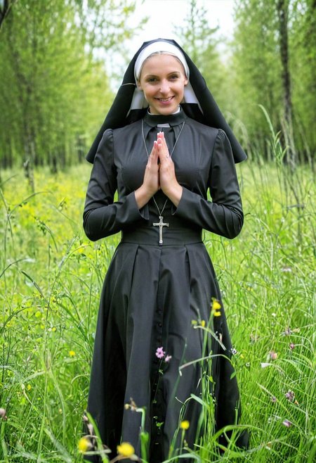 Woman wearing nun outfit in nature, 35 years old