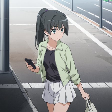 nsfw, masterpiece, best quality, amazing quality, 1girl, solo, index_railgun_saten_ruiko, walk, black hair, phone, green jacket, black shirt, short skirt, ponytail, cellphone, anime coloring, long hair, smartphone, shirt, street,<lora:Saten_Ruiko_-_Index_Railgun:0.7>
