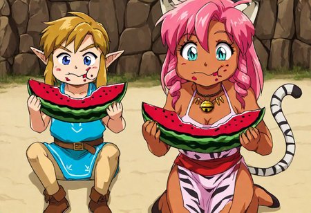 Pink_DragonPink, 1girl, sleeveless dress, white tiger print dress, pelvic curtain, cleavage, cat bell necklace, white tiger tail, red sash, small breasts, leather shoes, masterpiece, very aesthetic, <lora:pink-illustrious:1>, 
Break
1boy,Anime screencap,link (zelda),blonde hair,blue eyes,pointy ears, low ponytail, sidelocks, wearing blue hyilian tunic,
Break
Sunny day at a beach, sitting on beach, eating, comedic expression, happy expression,  closed mouth, chewing, munching, holding, holding food, eating, food in hands, Pink and Link eating watermelon
