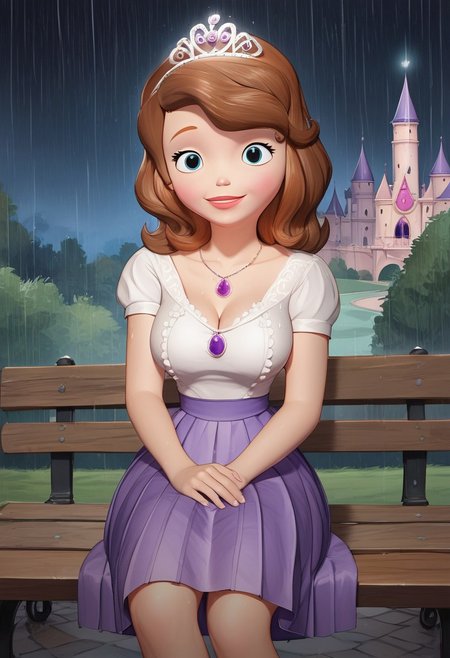 score_up_8, score_up_9, 1girl, white blouse,lace blouse, violet skirt, miniskirt, pleated skirt,sofia_the_first, tiara necklace, brown hair, medium breasts, background near castle,rain, night sky, at park, sitting on bench, looking at viewer, huge cleavage, wet dress, seducatuve smile, provocative pose,