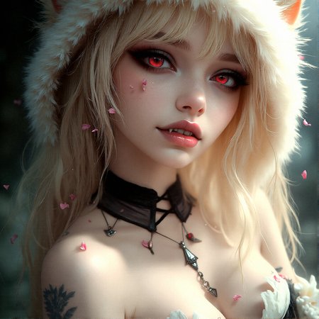 A stunning doll like face close-up of a blonde woman, gothic fashion, with bright red eyes, moist pink lips, smooth skin, fangs, wearing a fluffy animal ear hood, wearing beautiful necklace,wide cleavage,  soft lighting, realistic and delicate facial features, fallen snowpetal,  photorealistic rendering. Natural light interplay on skin,Photorealistic shadow softness, Lifelike hair gloss , Photorealistic color grading, Arms crossed loosely over the chest, shoulders relaxed, head tilted slightly to the left.
