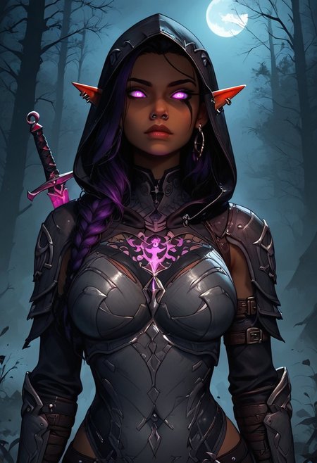 score_9,score_8_up,score_7_up,score_6_up,score_5_up, masterpiece, best_quality, ultra-detailed, Fantasy style, 
((Highly detailed, cinematic lighting, dark and mystical atmosphere)), closeup, upper body shot,
1girl, dark elf, elf ears, drow, grey skin, assassin, n1ght1ng4l3, armor, thigh boots, gauntlets, hood, glowing eyes, purple eyes, leather, (dagger, bow \(weapon\), quiver), straps, equipment, piercings,
Dark Forest, leaves, Shadows, at night, night, Moon, cloudy skies, godrays, godrays coming through leaves on trees, fog, mist, fog covering body from the waist down, heavy fog, heavy mist, mist covering the ground, eerie, dramatic lighting,