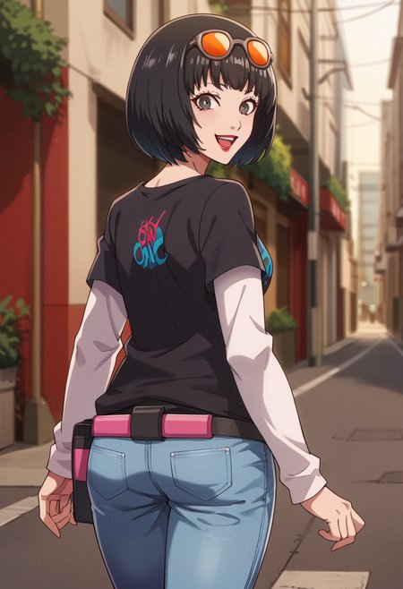 score_9, score_8_up, source_animem
1 girl, solo, cute face,
p5ohya, black hair, bob cut, sunglasses, eyewear on head, makeup, lipstick, black t-shirt, white long sleeves, jeans, 
outside, urban street, skyscrapers, walking, looking back, looking at viewer, laughing,