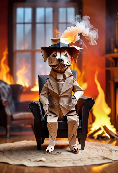 origami anthropomorphic dog sitting in chair in burning living room, surrounded by flames and smoke, wearing bowler hat, window, wood textures, vibrant colors, high resolution