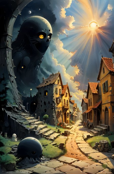studio ghibli, infuriating puzzle,  darkest small necropolis night of the envy sitting hiding tiny dead wast (landscape:1.1), moon, eclipse, fog, BREAK lovely day of the happy living thriving busy (village:1.1) city, sun, god-rays, highly detailed, landscape, panorama, wide-angle, moody, atmospheric, masterpiece, high resolution, hdr, 8k, composition, shadows, clouds, (complex:1.2), (intricate:1.1),  <lora:- SDXL - vanta-black_contrast_V3.0:0.7>, <lora:- SDXL - otclillsn_impossible_geo_V1.0:0.7>, <lora:dfantasy:0.8>, <lora:The_Simplest:0.8>, <lora:DonMP41n717Bl4ckXL:0.4>, <lora:SDXL - Style - EldritchRomanceIllustration1.3.1:0.4>, <lora:artfullyECHELIER_SDXL_V1:0.4>