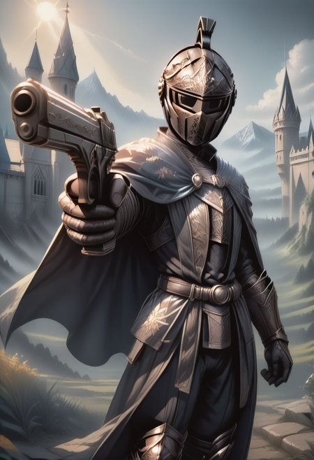 score_9, score_8_up, score_7_up, detailed, high resolution, 
solo, 1girl, NeedleKnightLeda, covered face, full armor, helmet, cape, gauntlets, breastplate, knight, black pants
action pose, right pistol, holding, gun, aiming, 
outdoors, castle, sunlight, mountains, blurry background, 
three quarter view, best quality, 
Expressiveh, zPDXL2,