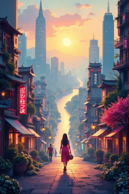 big city beautiful  landscape, early morning, woman, very intricate, very detailed, sharp, bright, colorful, <lora:Hand v2:0.5> <lora:Anti-Blur:1><lora:Insane Detail Slider:0.25>  <lora:flux.1_lora_flyway_Epic-detail_v2:0.3> <lora:fluxenhancer:0.25> <lora:Neurocore Anime Cyberpunk v2.0:1> A digital artwork in the style of cknc <lora:abyss-neon:0.6> bo-neon