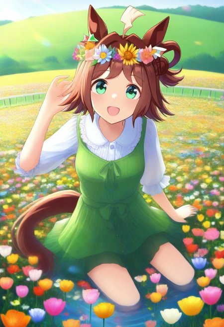 (umamusume, rhein_kraft_(umamusume), horse_ears, horse_girl, tail, 1girl, ahoge, animal_ears,)
casual, field, flower, flower_field, green_eyes, hair_between_eyes, hair_ornament, 
head_wreath, looking_at_viewer,  solo, aesthetic, absurdres, symmetric ,spiralling vortex made of multicoloured tulips, lush foliage sunrise,  ripples, reflective, jaynl-tm, rainbow, , g0ldsw0rthy,
(realistic, photo,  artistic, medium_hair, one_eye_closed, petals, relaxing, smile,  : 0.7)