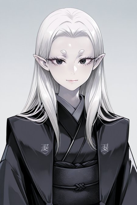 1girl,
CureNinjaSlayer, 
general, solo, upper body,
long hair, white hair, short eyebrows, black eyes, eyelashes,
pale skin, lips, 
black kimono, frills, obi, 
looking at viewer, light smile,  
grey theme, japan, luxuriou room,
<lora:kp_CureNinjaSlayerIllustrious_v1_0:1.0>,
masterpiece, best quality, amazing quality
