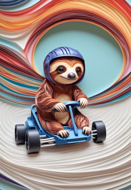 Paper quilling, layered paper. (A sloth in a racing helmet, sitting in a stationary paper go-kart). (Background: a quilled racetrack, with other racers zooming past in layered paper detail).

4k, high quality, masterpiece, 
