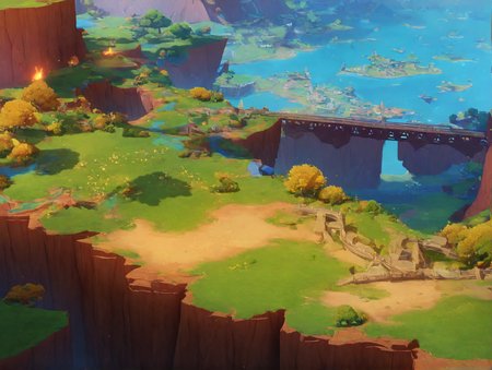 no humans, General, ririko \(fhnngririko\), dynamic angle, natlan, landscape, fantasy, scenery, cliff, outdoors, grass, fire, bridge, stairs, path, floating island, day, building, shadow, from above, tree, bush, masterpiece, best quality, absurdres, highres