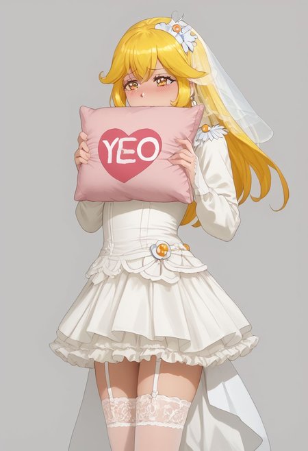 rating_all, score_10, score_8_up, score_7_up, best quality, masterpiece,   shiny skin,
<lora:curepeace.pony:1>,
curepeace, yellow hair, from below,looking at view,ruanyi0634, bridal veil,choker,garter belt,hair flower, yellow lace gloves, yellow lace-trimmed legwear,see-through,long sleeves,, Seen from the side,blush, embarrassed ,
 yes-pillow, yes-no pillow heart, pink pillow, pillow<lora:yes-no_pillow:1>