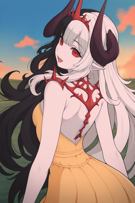 masterpiece, best quality, 1girl, solo, <lora:sdshel-illu-nvwls-v1-000006:1> sdshel, demon horns, black hair, white hair, multicolored hair, very long hair, red eyes, pointy ears, pale skin, red tiara, yellow sundress, from behind, happy, open mouth, blue sky, sunset, looking back, looking at viewer, field
