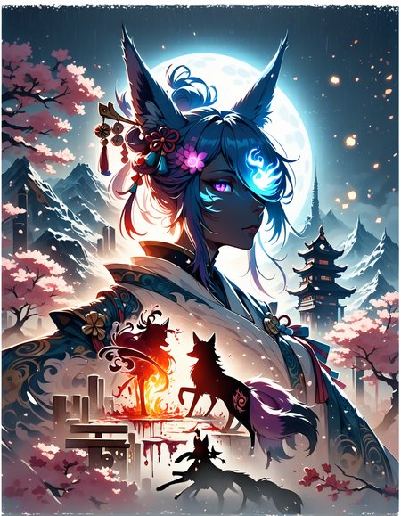 score_9, score_8_up, score_7_up, 1girl, (Silhouette:1.1) of a foxgirl casting a (double exposure:1.2) of Vastaya (cityscape), (landscape), beautiful face, wrnchexpwhimsicalvisions, black outline, silhouette, purple flaming eye, purple eye trail, (fox tails, multiple tails:1.05), (inkshadow:1.06), domineering expression, (Side-eyeing:1.1) viewer, mysterious, mythical, high contrast, chaos, transparent body, kitsune, interesting background, omnipotent goddess, fluffy tails, minimalist, (hair over one eye), hairpin, hair up, traditional, (katana), whisker markings, whiskers, spirit blossom, cherry blossoms, gradient hair, ink splash, ink plot, from side, (split image:1.35) of a traditional and scifi city, golden shimmer, one crystalline eye, ink border, vignette effect, fox ears, (kanji characters against parchment paper:1.1), mirror image, mirage, sky, clouds, snowy alps, full moon, highly detailed, intricate details, fox (spirit animal) howling in the foreground