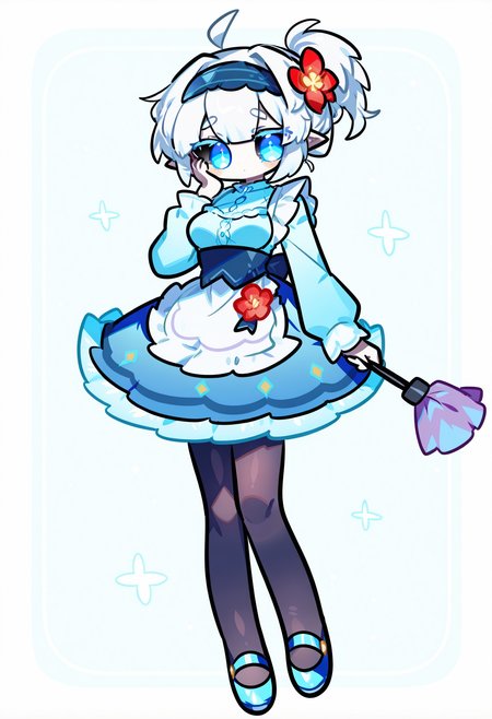 solo, ahoge,chibi,
1girl, pale skin, white hair, long bang ponytail, pointed ears, blue eyes, black sclera, medium breasts, 
full body, holding,  standing, hand on own face,hand up,   looking at viewer, 
pantyhose, long sleeves, flower, blue footwear, frills,  duster, shoes, dress, apron,  blue dress,  hairband, red flower, frilled dress, hair ornament, 
masterpiece,best quality,amazing quality, <lora:omoyunakyu715-_style_Illustrious:1>, omoyu_nakyu715,