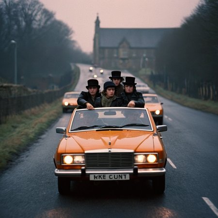 cinematic film still of  <lora:perfection style:0.5> <lora:detailed:0.5> perfection detailed
 <lora:Clockwork Orange film style:0.9>
In a futuristic dystopian Britain a group of gang people riding in a car,1girl,hat,multiple boys,parody,ground vehicle,motor vehicle,4boys,realistic,car,vehicle focus,driving , cinematic, film, kodak, Clockwork Orange film style, iconic car, dricing to the camera, headlights, shallow depth of field, vignette, highly detailed, high budget, bokeh, cinemascope, moody, epic, gorgeous, film grain, grainy