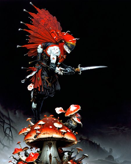 village mushroom ninja priest, blood, rodney matthews, chrome, elegant, intricate, viewed from the side, black background, <lora:xl_more_art-full_v1:0.5> <lora:add-detail-xl:0.75>    <lora:Gerald_Brom_XL_-_Dark_Fantasy_Art:1> Gerald Brom, hazy background