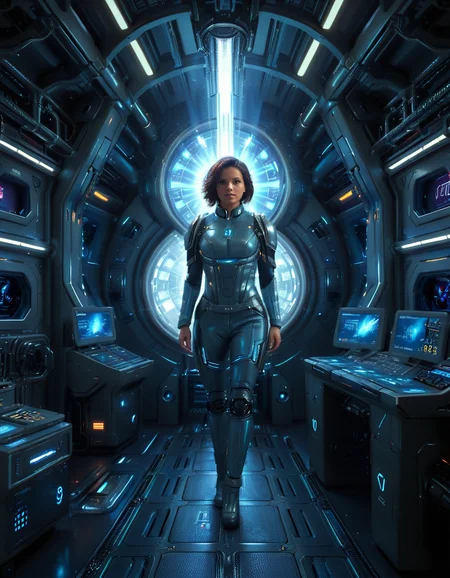 <lora:3ng1n3_r00m:1>,focus on woman face,A highly detailed and cinematic depiction of a confident woman standing in the 3ng1n3 r00m of a futuristic spaceship. She is wearing a sleek and advanced space uniform, with a metallic sheen and intricate details like glowing blue energy lines running along the seams of her suit. Her uniform is form-fitting, with visible patches indicating her rank and position. She has short, neatly cut hair, a determined expression, and a calm yet commanding presence.
The engine room around her is illuminated by a mix of bright white and soft blue lights, reflecting off the polished metallic surfaces of the machinery. Massive, glowing energy cores pulse with light in the background, emitting a soft hum. Pipes, cables, and control panels surround her, each detailed with futuristic textures and glowing interfaces. The room feels alive with motion, as small holographic displays and robotic arms work automatically. The overall mood is futuristic, highly technological, and awe-inspiring, with sharp contrasts between the cold metallic surfaces and the warm light from the energy cores.
The image is rendered in a hyper-realistic and cinematic art style, with an emphasis on intricate details, dramatic lighting, and rich textures.<lora:SDXLFaeTastic2400:0.4> <lora:extremely_detailed:0.4> extremely detailed,, Masterpiece,best quality,hi res,8k,hi res,8k,award winning,(sharp focus, intricate, highly detailed),