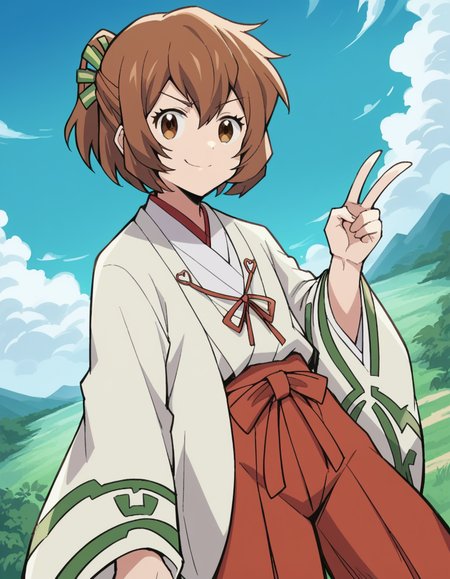 score_9, score_8_up, score_7_up, source_anime, <lora:loghorizon-minori-s2s3-ponyxl-lora-nochekaiser:1>, minori, short hair, brown hair, brown eyes, half updo, ponytail, short ponytail, hair ribbon,, japanese clothes, wide sleeves, miko, hakama, red hakama,, floating island, sky, clouds, greenery, magical, , v, v over mouth, smug,, looking at viewer, solo,, dutch angle, cowboy shot