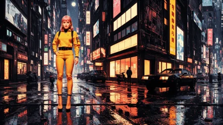hair flaps pink hair young cyberpunk woman, anime, illustration, cyberpunk, futuristic, extremely detailed, portrait, standing, happy smile, beautiful cyberpunk tokyo buildings landscape, wet floor, windows, car, motorbike, moon in the sky, bright neon lights, screen holograms, kanjis, raytracing, hdr, high contrast, cinematic lights, backlight, reflections, legs, heels, sharp focus, luminous Legal Pad Yellow robot glossy brilliant armor, body lights, body circuits, glossy lipstick, necklace, long earrings, colorful, retrowave, shadows, vibrant colors, colorful, bright, pretty, beautiful, feminine, sexy, lovely, in love, adorable, fashion, <lora:Hand v2:1> <lora:Anti-Blur:2> <lora:Insane Detail Slider:0.5>  <lora:flux.1_lora_flyway_Epic-detail_v2:0.3><lora:fluxenhancer:0.5> <lora:RetroAnimeFluxV1:0.3> <lora:CPA:0.6> <lora:Luminous_Shadowscape:0.3>  <lora:Neon_Noir_FLUX:0.4> mad-neon-noir  <lora:bv-cybstyenh-v1_rank16_bf16:0.3>