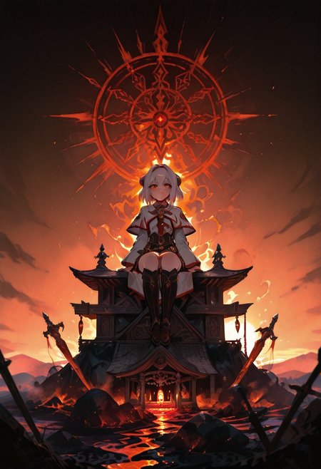 a brutalist Shrine, sexy girl sitting on lava, dramatic apocalypse, dim light, dramatic lighting, __drama__ color scheme, swords, fire, church, (crystals)