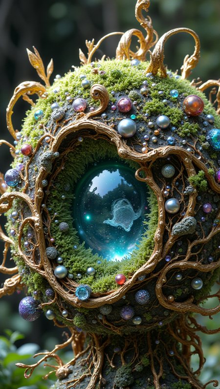 masterpiece, 4k, 8k, sharp, a intricate representation of a smoth surface with moss made of planet. There are pearl that are gems and embedded inside of the crown, the light is cinematic during day in a pleasant nature setting.
detailmaximizer, Midjourney_Whisper <lora:[Flux1]_flux_vividizer:0.3> <lora:[Flux1]_scenery_lora_comfy_converted:0.2> <lora:[Flux1]_Opal_Fantasy_Flux:0.5> <lora:[Flux1]_aidmaPsychadelicChaosWorld-FLUX-v0.1:0.3> <lora:[Flux1]_aidmaImageUpgrader-FLUX-V0.1:0.1> <lora:[Flux1]_midjourney_whisper_flux_lora_v01:0.1> <lora:[Flux1]_SXZ_Nixeu_Flux:0.5>