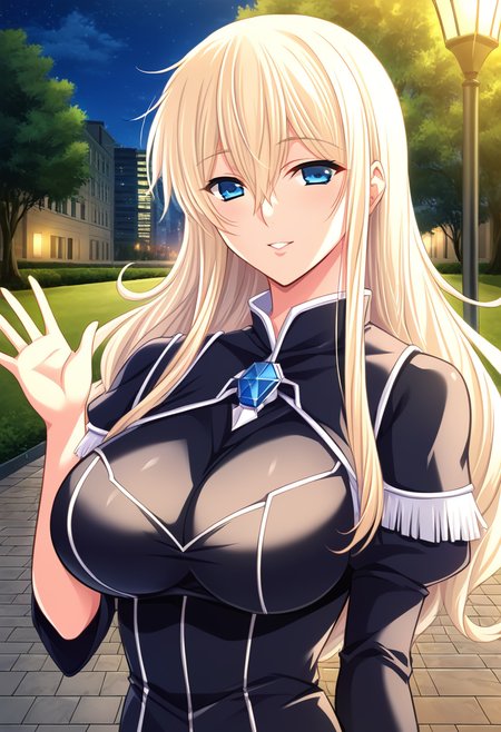 score_9,score_8_up,score_7_up,source_anime,minamo hoshino, blue eyes, blonde hair, 1girl,solo, long hair, breasts,large breasts,black dress,looking at viewer,prefect lighting, very aesthetic, intricate details, highly detailed background, masterpiece, high quality, prefect hands, best quality,night,outdoors,park,waving arm,upper body