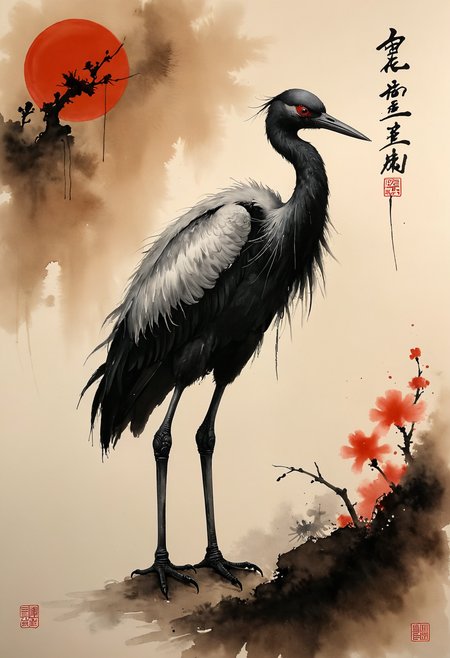 black and red ink, a crane in chinese style, ink art by VelvetS, whimsical,  rough sketch, (sketch:1.3) 
 <lora:Flux-style-xl-lora:0.5> <lora:DetailMaximizer:1> <lora:CinematicStyle_v1:1> <lora:zavy-cntrst-sdxl:0.5> <lora:- SDXL - vanta-black_contrast_V3.0:0.5>