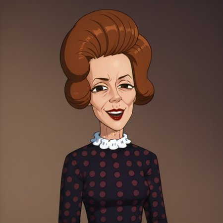 <lora:Network_Censor_Woman_-_Freakaziod_-_1995-10:0.9> 1girl, mature, brown hair, purple dress with maroon polka dots, white collar, white cuffs, wrinkled face, lipstick, lazy eye, smug, open mouth, teeth, looking at viewer,, source_cartoon, score_9, score_8_up, score_7_up,