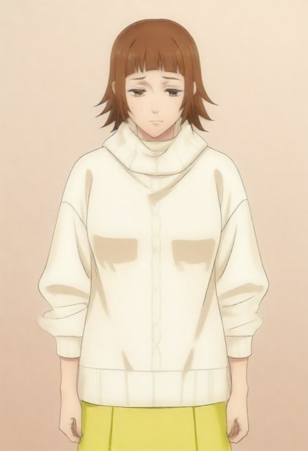 masterpiece, best quality, amazing quality,,, shiny skin,,,,,,,,yuozawa, brown_eyes, brown_hair, short_hair, blunt_bangs,, turtleneck, white_sweater, long_skirt, yellow_skirt,