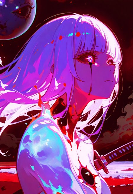 masterpiece,best quality, amazing quality, ((Mars background, on Mars, chromatic aberration, bright galaxy, raytrace)), ((Chiaroscuro Lighting Style, dramatic lighting, drastic contrast)), absurdres, Classical Chinese Brush and Ink,  1space spirit girl, whole body made of space flame, white purple flame body, burning body,  glowing third eye, black tears, eldritch third eye, sad face, hime cut, magenta hair, limited red palette, black sclera, black sclera eyes, spinning, dancing, katana stabbing her core, 1katana, dynamic angles, ((face focus, close up))
