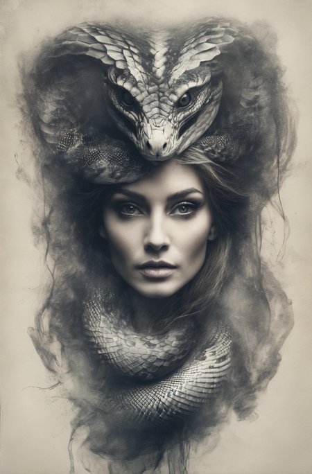 <lora:SDXLGhostStyle:0.8> GhostlyStyle,
woman portrait inspired by a king cobra