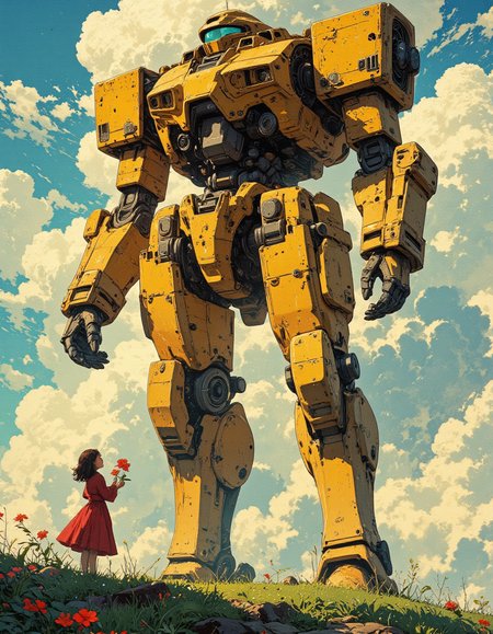 A highly detailed art of a massive yellow mech, towering over a young girl in a red dress. The mech appears weathered, with visible mechanical components, gears, and worn paint. The girl stands on a grassy hill, holding out two red flowers towards the mech with a gentle and hopeful expression. The scene has a melancholic mood heartwarming tone, with soft clouds