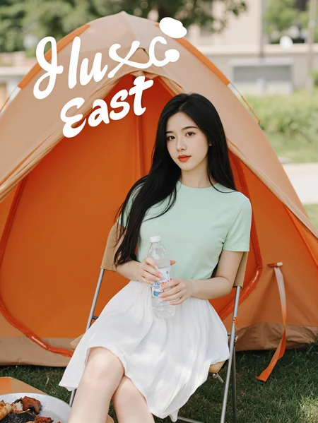 This is a clear, everyday style photo with a high degree of clarity. In the photo, we see a young woman sitting on a chair next to an outdoor tent. She is wearing a light green short-sleeved T-shirt and a white pleated skirt, with white sports shoes on her feet. Her hair is black, flowing over her shoulders, and it looks smooth and shiny. In her hand, she holds a bottle of mineral water, perhaps taking a break or enjoying outdoor time. Under her feet, we can see some grilled food, which may be prepared for a picnic. The entire scene gives a relaxed and pleasant feeling.
There is a prominent artistic font above the picture, which reads' fluxEast 'in English
