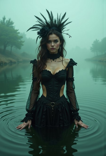 iphone photo A photo of an eccentric Aztec queen with waist submerged in water , In a magical lake, black haute couture, black lace veil, symmetry, France, foggy summer night, pastel green and pink colors
(photorealistic:1.25), UHD, (shot on a Sony A7III:1.25), optimal photography, . large depth of field, deep depth of field, highly detailed