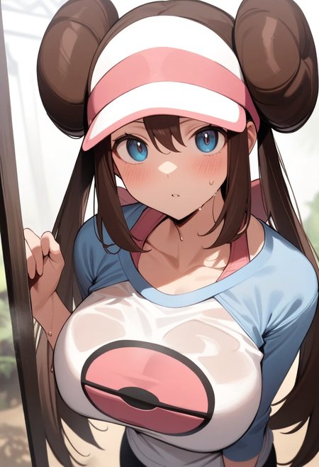 masterpiece,best quality,very aesthetic,absurdres,<lora:rosa_(pokemon):1>,rosa_\(pokemon\), highres, see-through, sidelocks, wet_shirt, raglan_sleeves, absurdres, blush, 1girl, solo, sweat, large_breasts, hat, visor_cap, commentary_request, looking_at_viewer, parted_lips, double_bun