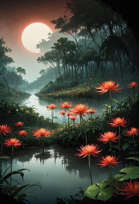 ,ruanyi0797,spider lily,flower field,jungle,overgrown,,ruanyi0699,fog,night,red sky,reflection,red theme,flower,<lora:0797 spider lily_v1_pony:0.7>,<lora:0699 Wangchuan River_v1_pony:1>, score_9,score_8_up,score_7_up,,8k,1girl,solo,,