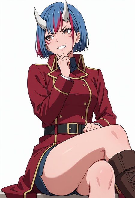 Smooth Quality,masterpiece,very intricate, high quality details, ultra realistic, high detailed skin,detailed enviorement,absurdres,
simple background, white background,solo, 
sitting, legs crossed, hand on chin, smiling, relaxed,  ,ohikaenasutte,angry,grimace, <lora:Gobwa_cnn:0.8> gobwacnn,1girl, short hair,blue hair, multicolored hair, facial mark, streaked hair,white horns, brown eyes,shirt,red jacket, red coat, black belt, double-breasted, boots,