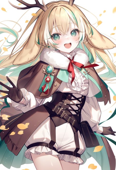 masterpiece, best quality, <lora:yoggiXL_ANI31_lokr_V43P1:0.95>  1girl, solo, antlers, horns, long hair, gloves, white shirt, shirt, looking at viewer, open mouth, corset, smile, virtual youtuber, white background, white shorts, fur trim, petals, blonde hair, multicolored hair, long sleeves, animal ears, shorts, frills, center frills, black gloves, green eyes, :d, black corset, deer ears, streaked hair, capelet, simple background, pouch, deer antlers, red ribbon, cowboy shot, blue eyes, brown gloves, cape, ribbon, upper teeth only, falling petals, aqua eyes, very long hair, puffy long sleeves, belt, teeth, hair between eyes, blush, brown capelet, neck ribbon