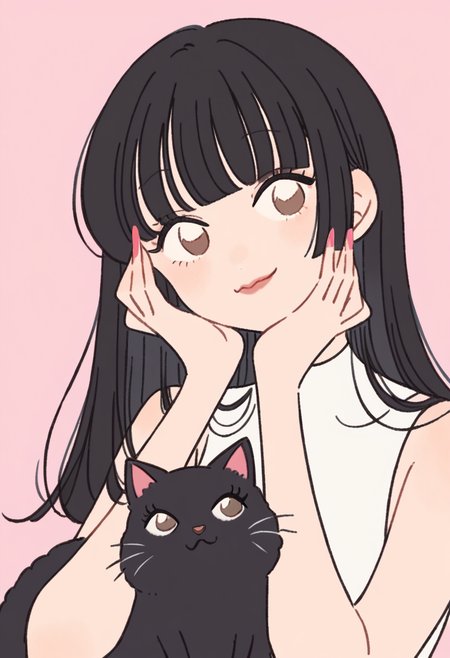 score_9, score_8_up, score_7_up, score_6_up, source_anime, <lora:rikuwo_v0.3-pony:1>
1girl, solo, long hair, looking at viewer, smile, bangs, simple background, shirt, black hair, bare shoulders, brown eyes, closed mouth, white shirt, upper body, sleeveless, blunt bangs, nail polish, fingernails, head tilt, hands up, bare arms, eyelashes, sleeveless shirt, :3, pink background, straight hair, pink nails, head rest, hands on own face, black cat, hands on own cheeks, animal on shoulder, cheek press