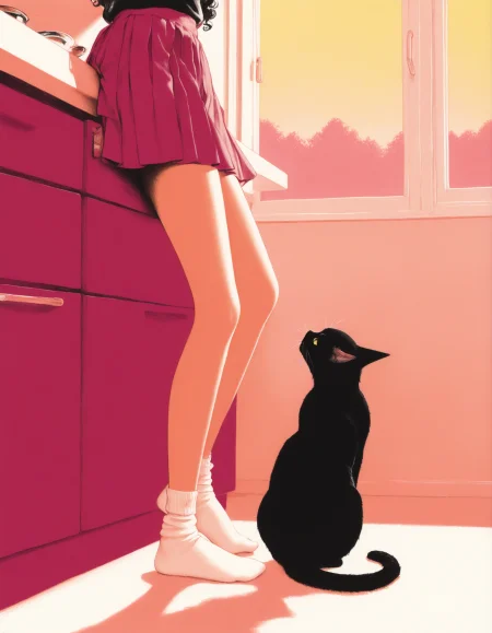 1girl, standing, kitchen, feeding pet, black cat rubbing against leg, purring, realistic drawing, no human, masterpiece, very aesthetic, absurdres, drop shadow,  casual, traditional media, limited palette, twilight,  blending, socks, no shoes, pleated skirt,