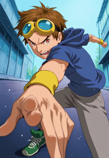 source_anime,solo, detailed, 1boy, male focus, TakatoM, 1boy, solo, brown hair, red eyes, goggles on head, blue hoodie, yellow wristband, grey pants, green sneakers with white accents, dynamic pose, cowboy shot, detailed face, detailed eyes, determined eyes, open mouth, solo, BREAK depth of field, best quality, amazing quality, best aesthetic, absurdres,JeddtlIL,clos_pers, close-up, perspective,