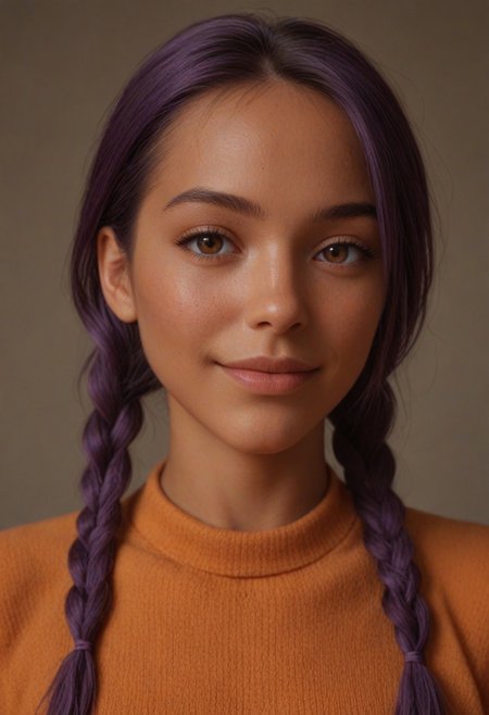 score_9, score_8_up, score_7_up, score_6_up, 
1girl, 25 years old, perfect face, adult, sexy, looking at viewer, 
(dark skin), 
brown eyes,
purple hair, twin braids, asymmetrical bangs,
orange sweater, 
blush, shy smile, 
portrait, face focus, detailed face,