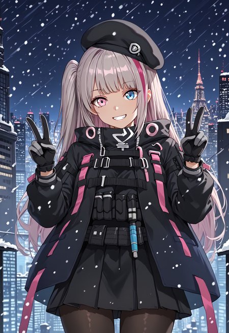 1girl, solo, solo focus, highres, absurdres, MDR1st, multicolored hair, long hair, streaked hair, grey hair, beret, pink hair, pink eyes, black headwear, blue eyes, heterochromia, bangs, one side up, 

black jacket, black gloves, black pantyhose, long sleeves, tactical clothes, grey gloves, two-tone gloves, black skirt,

looking at viewer, double v, grin, head tilt,
 
cityscape, snowing, shade, night, night sky, dark, backlighting,
