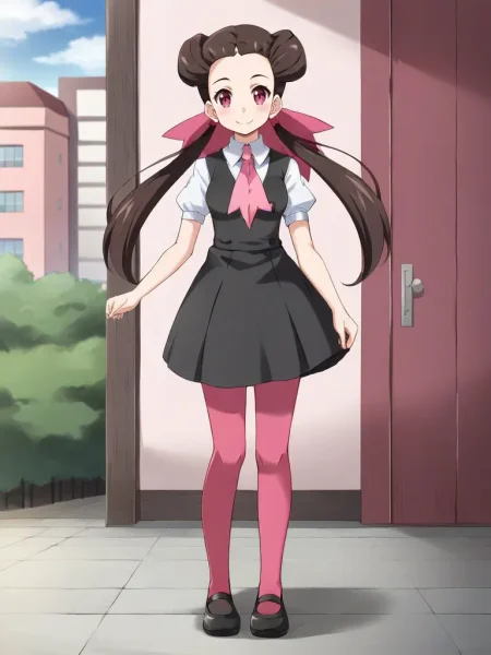 <lora:orasroxannetsukishiro:0.7>
1girl, solo, roxtsuannetsuji, brown hair, long hair, twintails, hair ribbon, black dress, white shirt, short sleeves, pink ascot, dark pink pantyhouse, black shoes, full body, standing, outdoors, city, looking at viewer, smile
