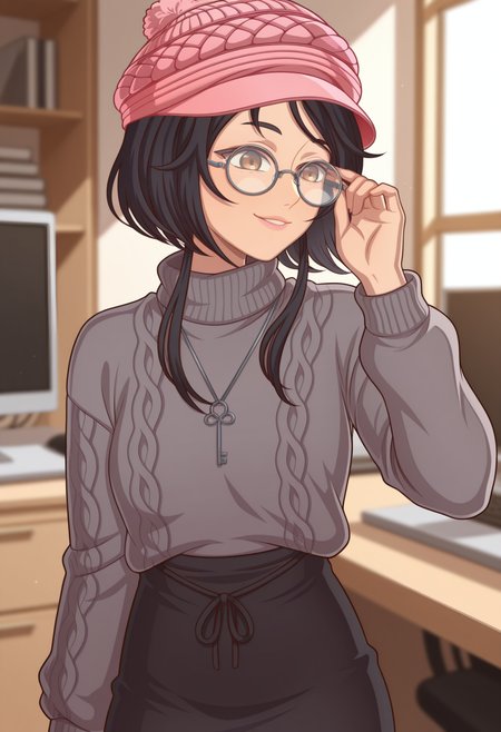 scenery, 1girl, solo, <lora:Maxine [Illustrious] Another Chance:1>, Maxine, brown eyes, short hair with long locks, black hair, glasses, key necklace, beanie, pink headwear, turtleneck sweater, grey sweater, long sleeves, black skirt, high-waist skirt, smile, detailed eyes, detailed body, detailed lips, indoors, computer, adjusting eyewear, sunlight, depth of field, newest, scenery, volumetric lighting, dynamic pose